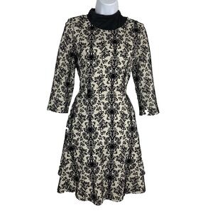 Skies Are Blue Dress Small Black Velvet Paisley On Ivory Mini Flare 3/4 Sleeves